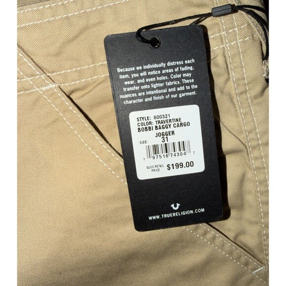 $199 True Religion Bobbi Baggy cargo Jogger Pants Beige Womens 31 Casual New NWT - Picture 5 of 5